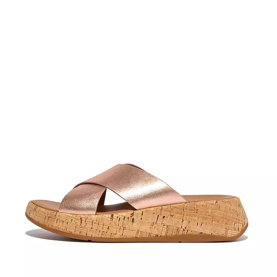 Fitflop Women's F-Mode Metallic Leather/Cork Flatform Cross Slides