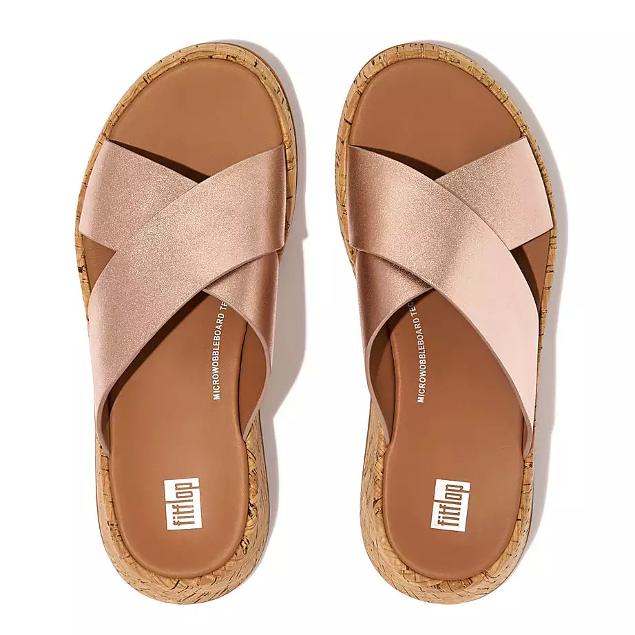Fitflop Women's F-Mode Metallic Leather/Cork Flatform Cross Slides
